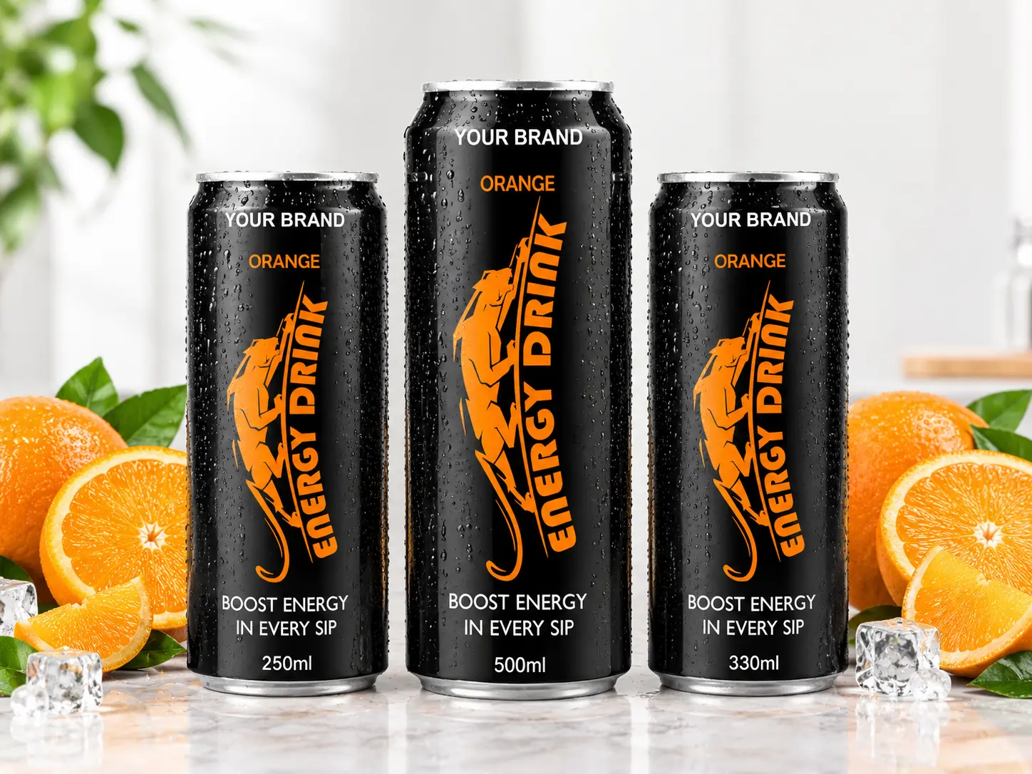 ENERGY DRINK Orange flavour in 250ml, 500ml and 330ml cans.